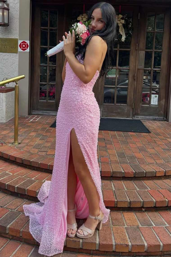 Stunning Pink Strapless Glitter Sweetheart High Slit Long Prom Dress