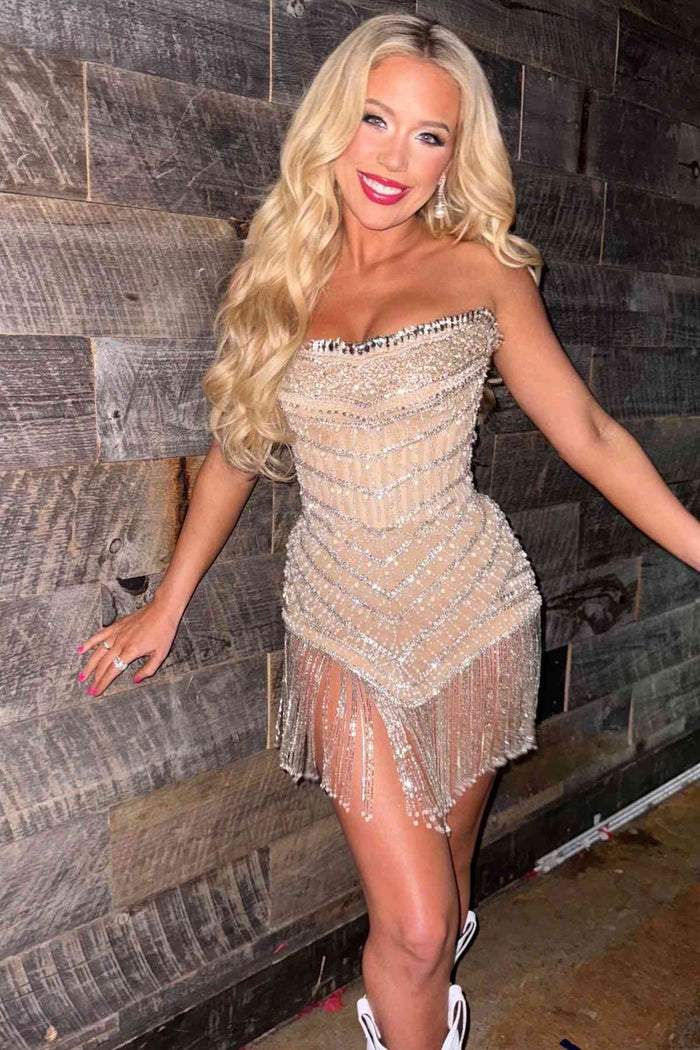 Stunning Strapless Beads Sleeveless Short Homecoming Dress with Tassel
