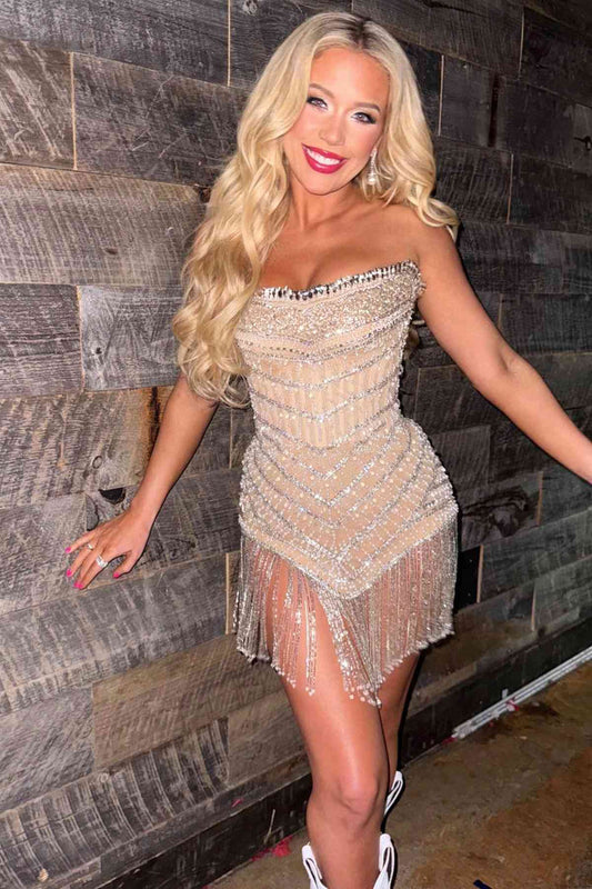 Stunning Strapless Beads Sleeveless Short Homecoming Dress with Tassel