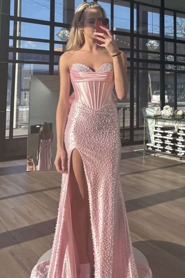 Stunning Strapless Pearls High Slit Sleeveless Mermaid Prom Dress with Bow