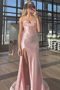 Stunning Strapless Pearls High Slit Sleeveless Mermaid Prom Dress with Bow