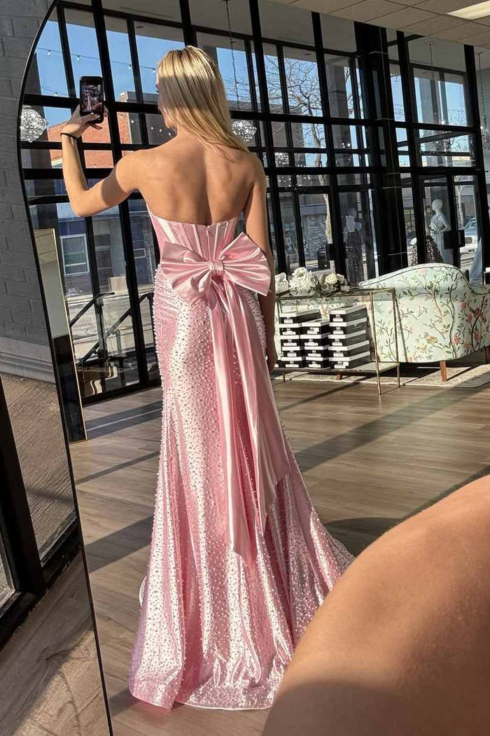 Stunning Strapless Pearls High Slit Sleeveless Mermaid Prom Dress with Bow