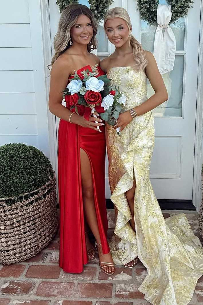 Stunning Strapless Ruffles Sleeveless Mermaid Long Prom Dress with Slit