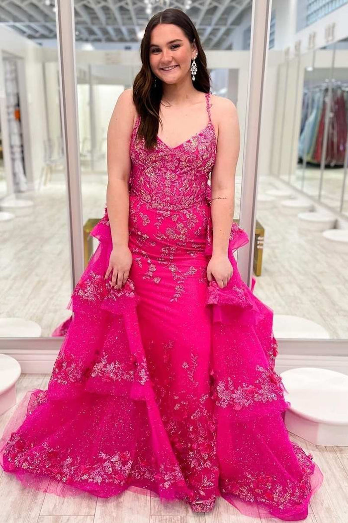 Stunning V-Neck Lace Appliques Detachable Train Formal Prom Dress