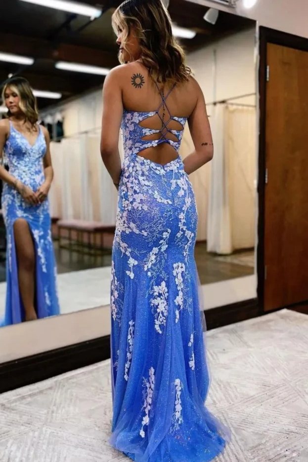 Stunning V-Neck Spaghetti Straps Appliques Mermaid Prom Dress with Slit