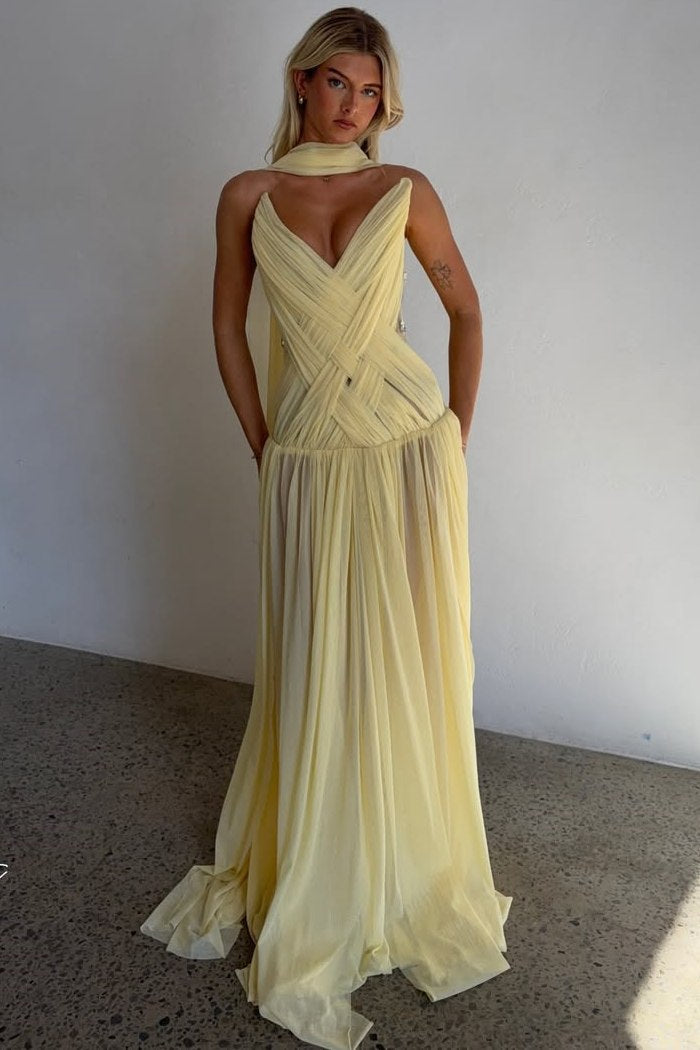 Stunning Yellow A-Line Strapless V-Neck Pleated Chiffon Long Prom Dress