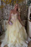 Stunning Yellow V-Neck Appliques A-Line Ruffles Long Prom Dress