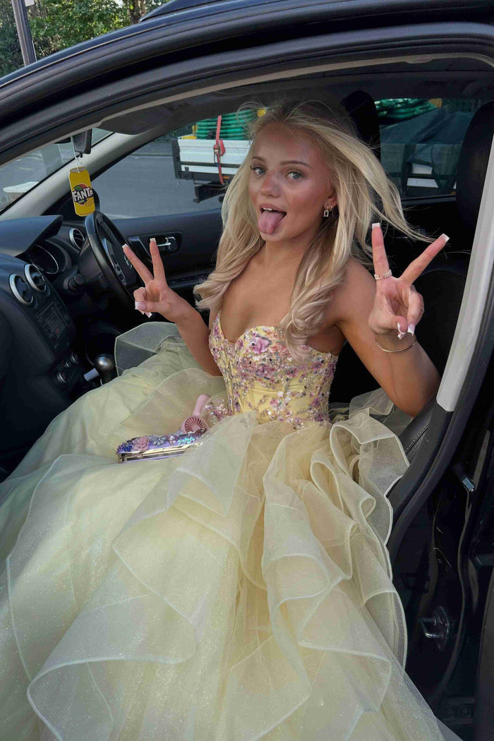 Stunning Yellow V-Neck Appliques A-Line Ruffles Long Prom Dress