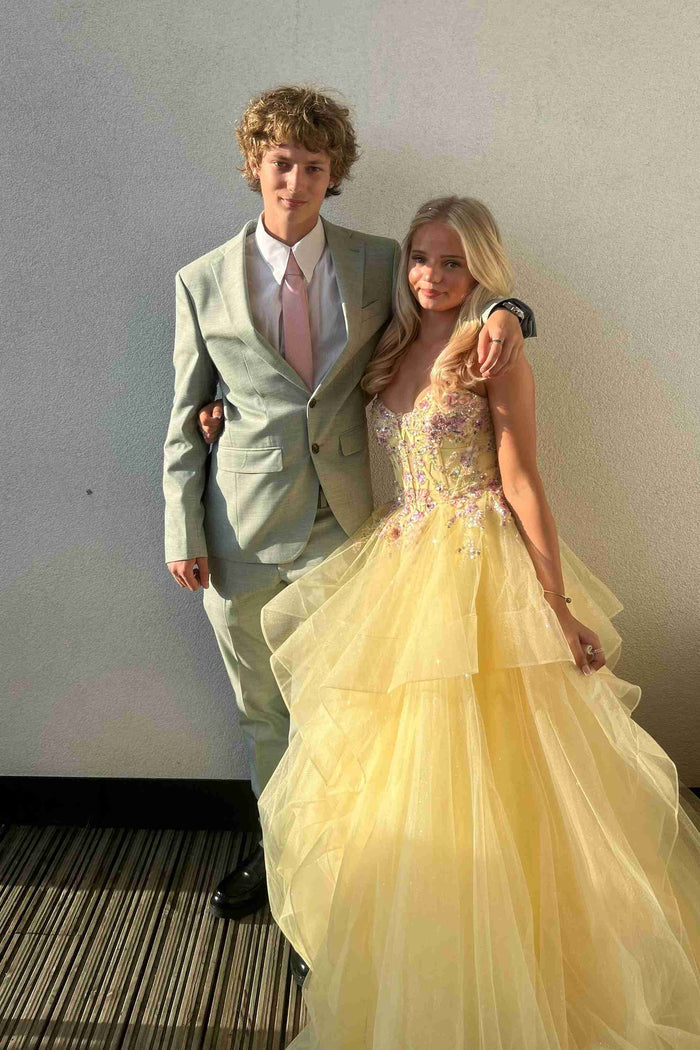 Stunning Yellow V-Neck Appliques A-Line Ruffles Long Prom Dress
