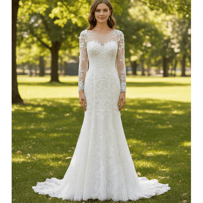 Sweetheart Covered Tulle Long Sleeve Mermaid & Trumpet Wedding Dress - Rosymae