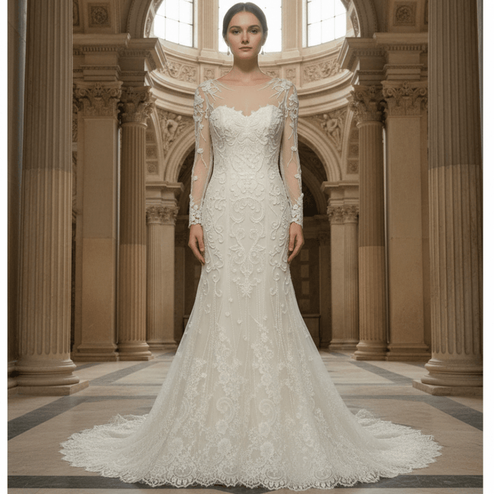 Sweetheart Covered Tulle Long Sleeve Mermaid & Trumpet Wedding Dress - Rosymae