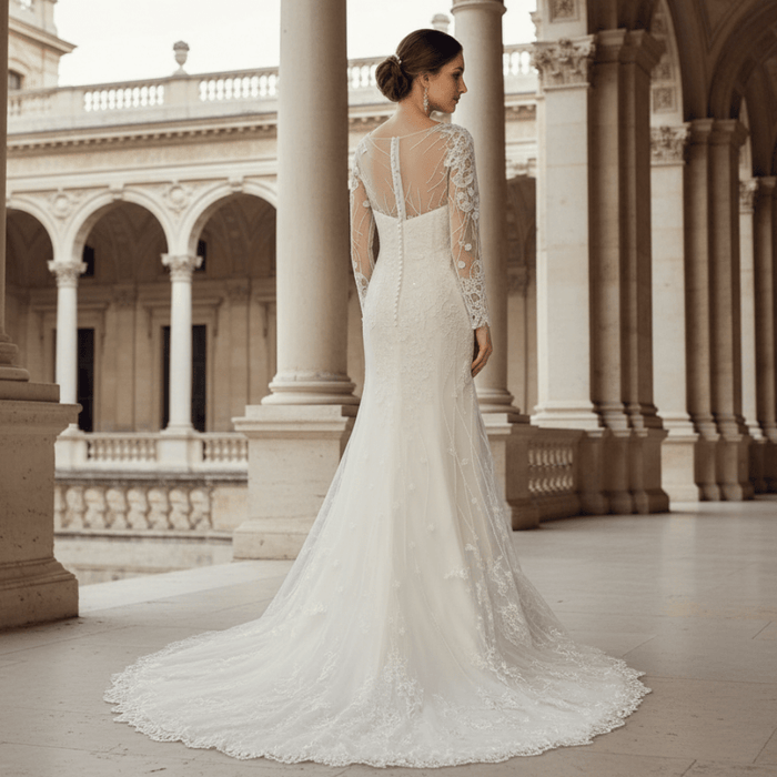 Sweetheart Covered Tulle Long Sleeve Mermaid & Trumpet Wedding Dress - Rosymae