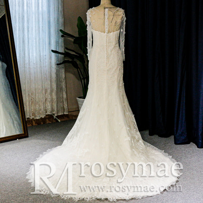 Sweetheart Covered Tulle Long Sleeve Mermaid & Trumpet Wedding Dress - Rosymae
