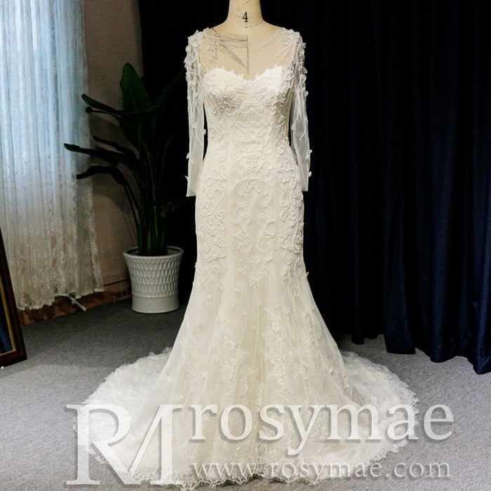 Sweetheart Covered Tulle Long Sleeve Mermaid & Trumpet Wedding Dress - Rosymae