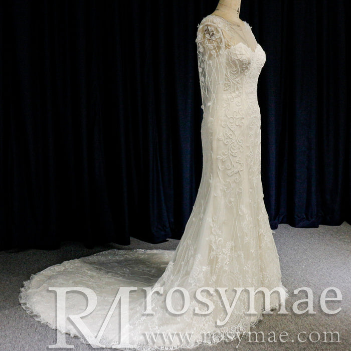 Sweetheart Covered Tulle Long Sleeve Mermaid & Trumpet Wedding Dress - Rosymae