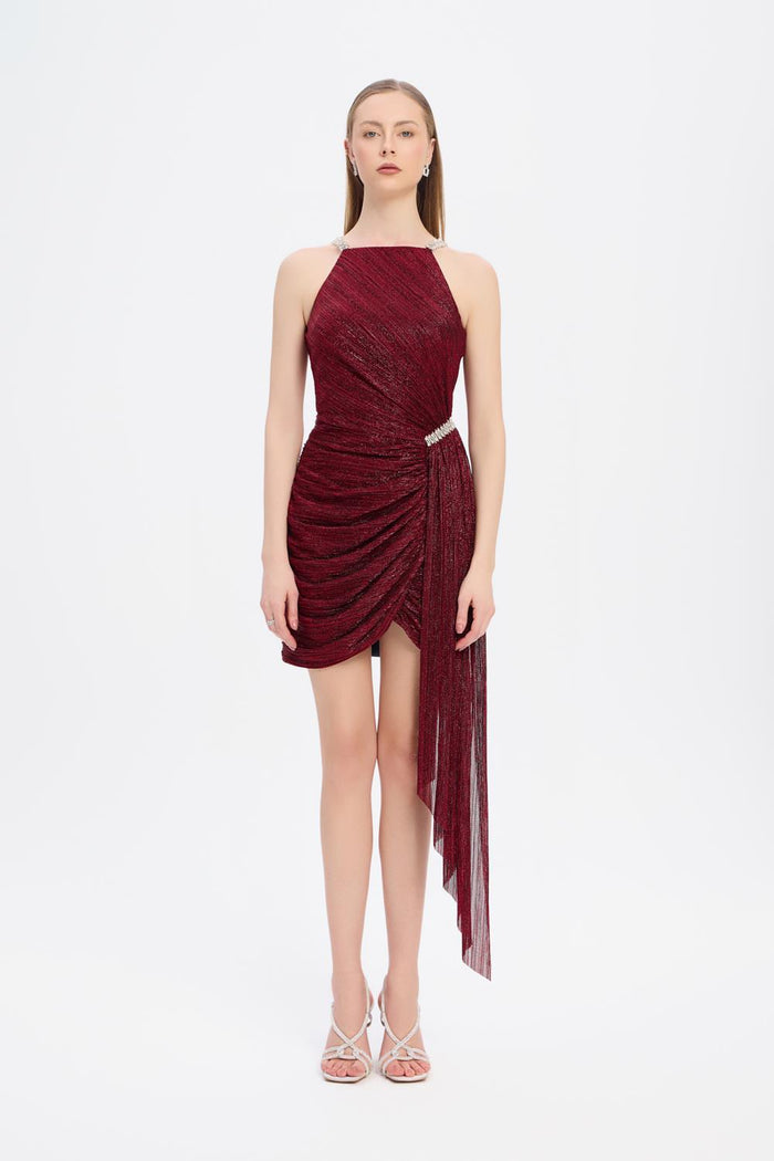 Taşlı Drape Detaylı Mini Abiye Elbise - 9009C