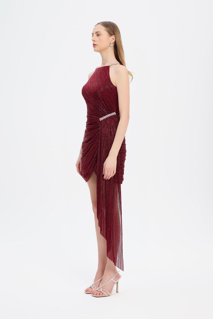 Taşlı Drape Detaylı Mini Abiye Elbise - 9009C