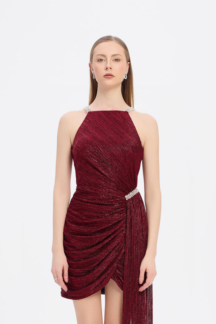Taşlı Drape Detaylı Mini Abiye Elbise - 9009C