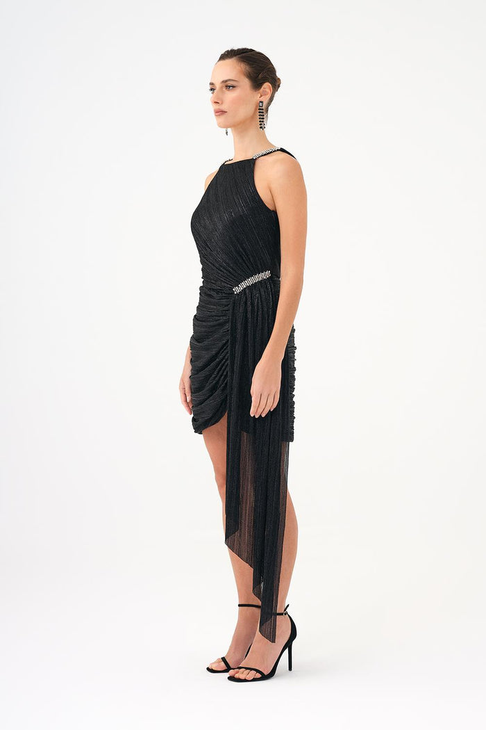 Taşlı Drape Detaylı Mini Abiye Elbise - 9009C - SİYAH
