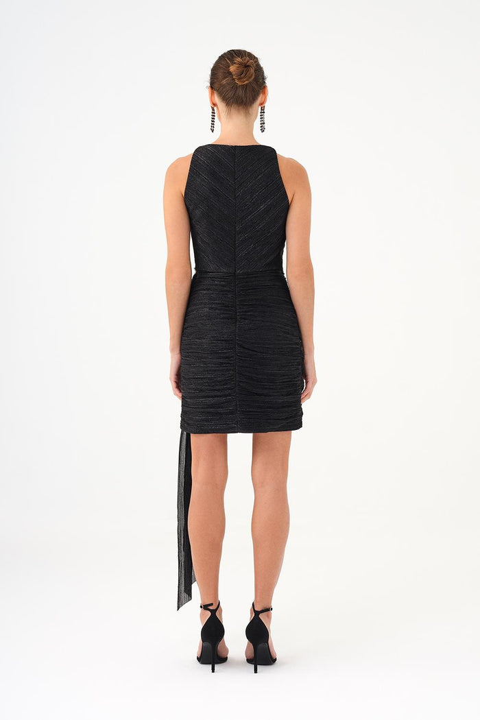 Taşlı Drape Detaylı Mini Abiye Elbise - 9009C - SİYAH