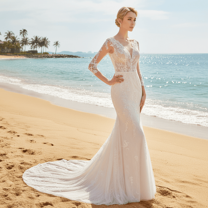 Three Quarter Sleeves Mermaid Lace Wedding Dress Plunging Deep V - Rosymae