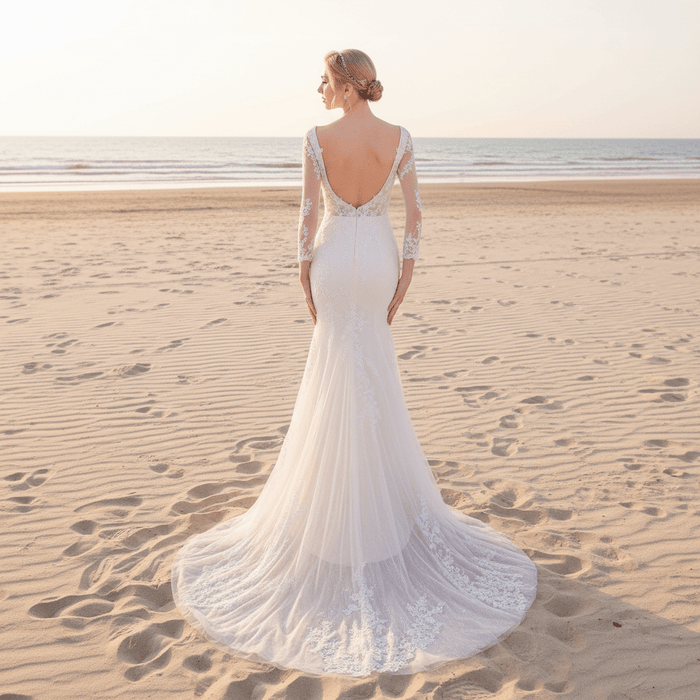 Three Quarter Sleeves Mermaid Lace Wedding Dress Plunging Deep V - Rosymae