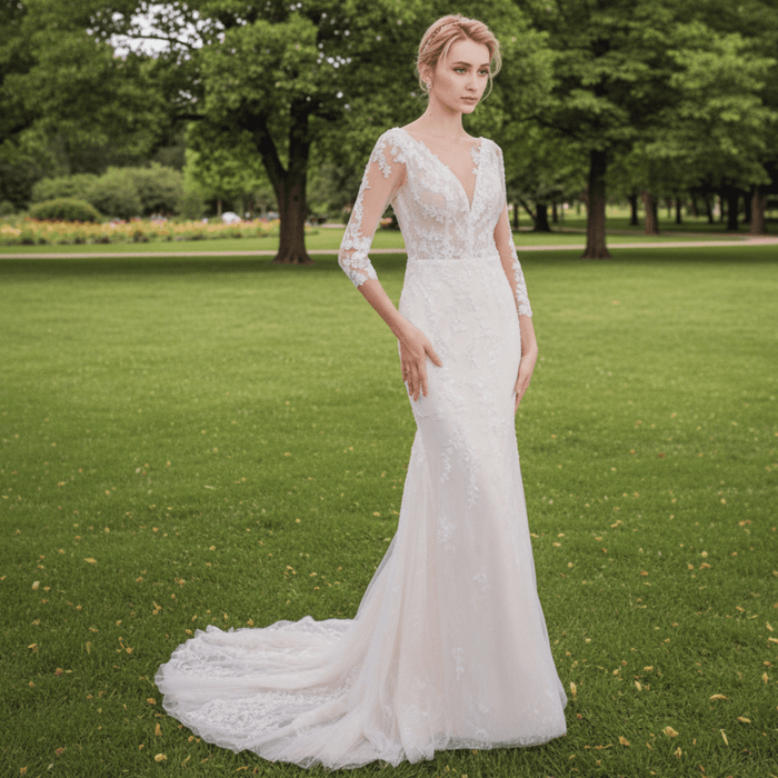 Three Quarter Sleeves Mermaid Lace Wedding Dress Plunging Deep V - Rosymae