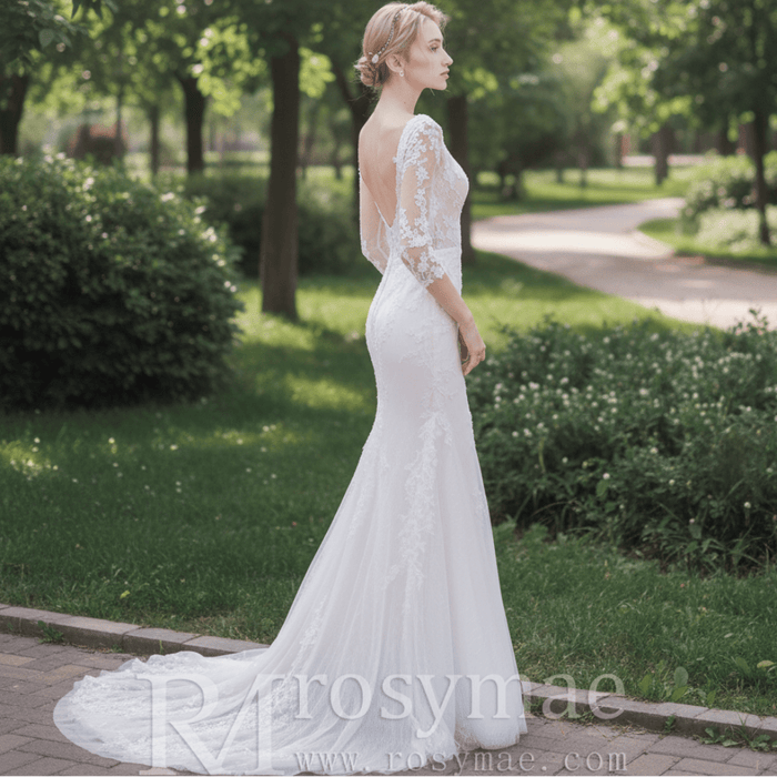 Three Quarter Sleeves Mermaid Lace Wedding Dress Plunging Deep V - Rosymae