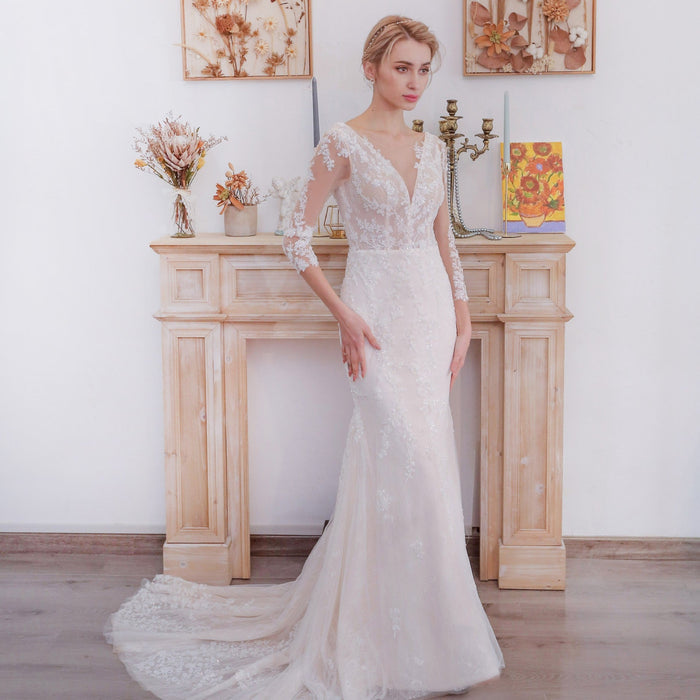 Three Quarter Sleeves Mermaid Lace Wedding Dress Plunging Deep V - Rosymae
