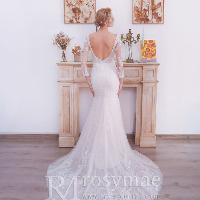 Three Quarter Sleeves Mermaid Lace Wedding Dress Plunging Deep V - Rosymae