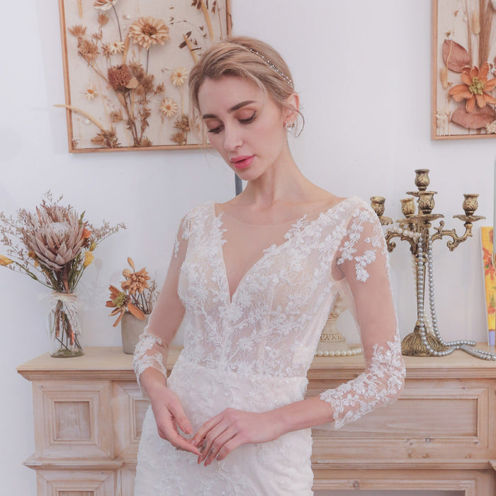 Three Quarter Sleeves Mermaid Lace Wedding Dress Plunging Deep V - Rosymae