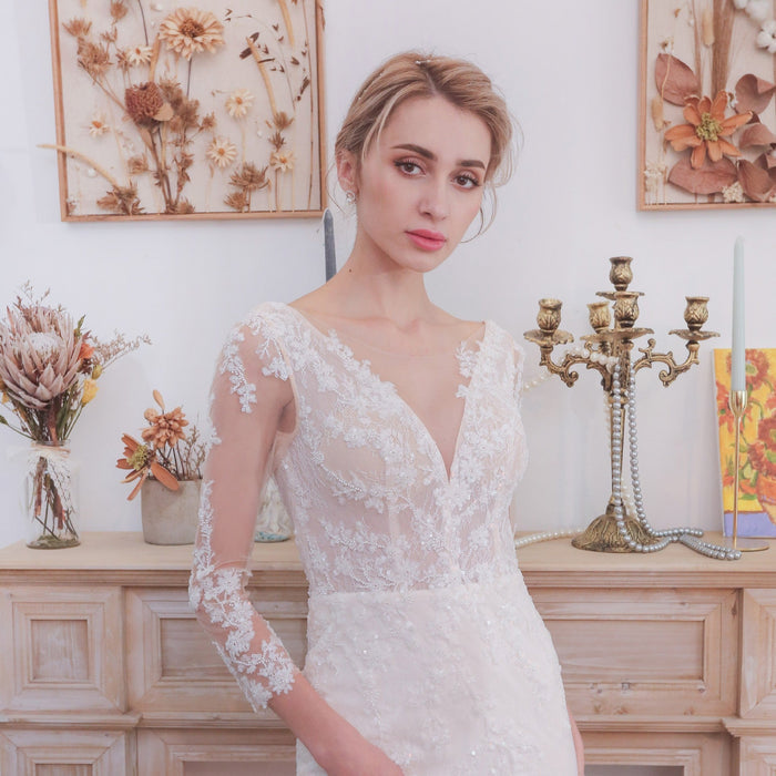 Three Quarter Sleeves Mermaid Lace Wedding Dress Plunging Deep V - Rosymae