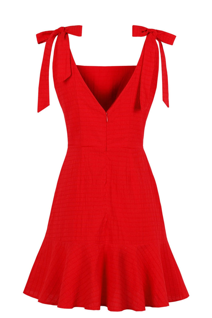 Tie Shoulder Red Ruffled Dress