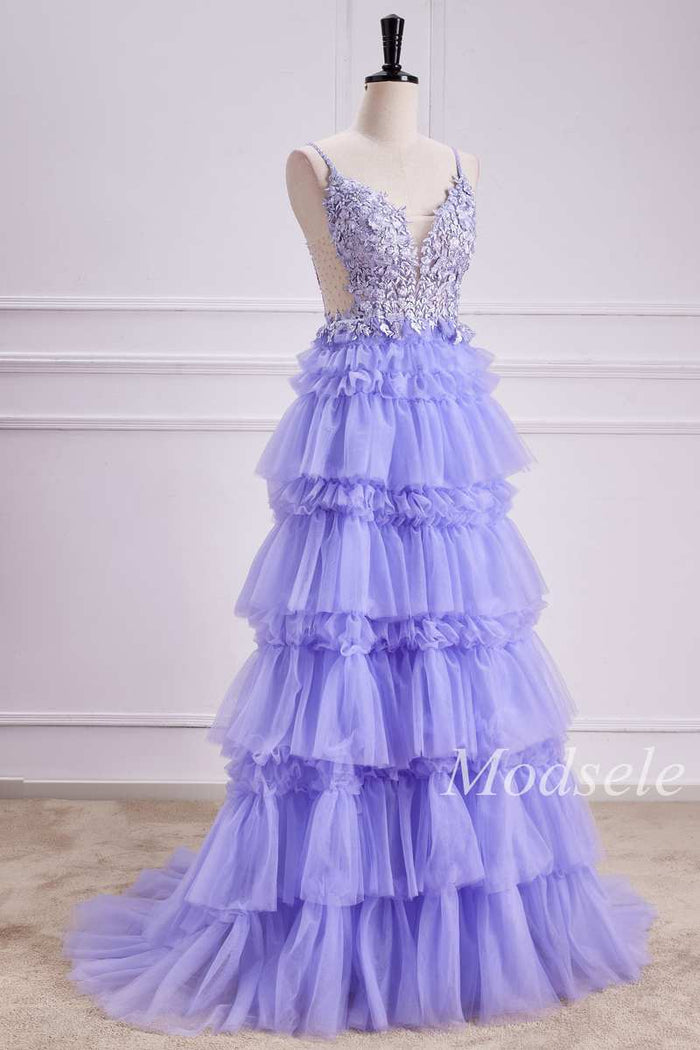 Tiered Ruffle Appliques Lace-Up Long Prom Dress in Lavender
