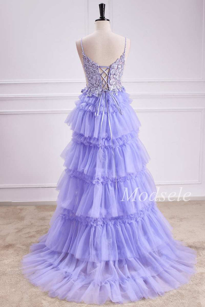Tiered Ruffle Appliques Lace-Up Long Prom Dress in Lavender