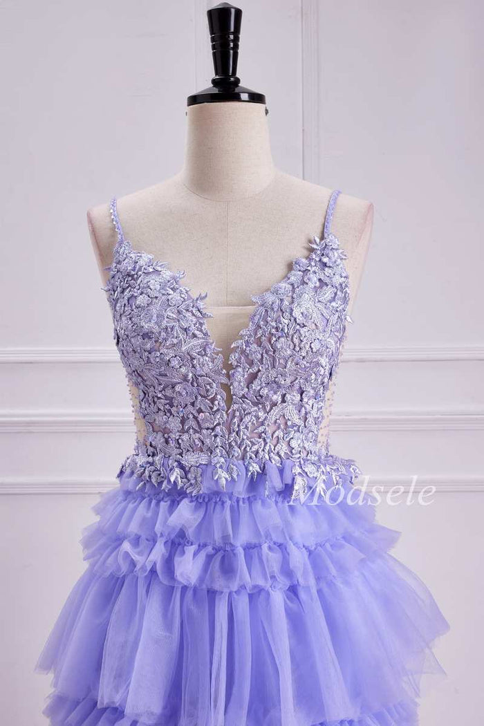 Tiered Ruffle Appliques Lace-Up Long Prom Dress in Lavender