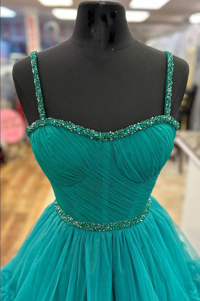 top of Tiered Ruffle Sweetheart Beaded Long Prom Dress in turquoise