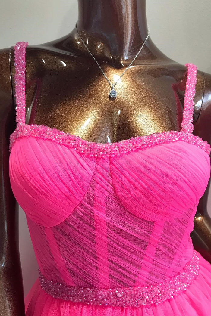 top of Tiered Ruffle Sweetheart Beaded Long Prom Dress in hot pink