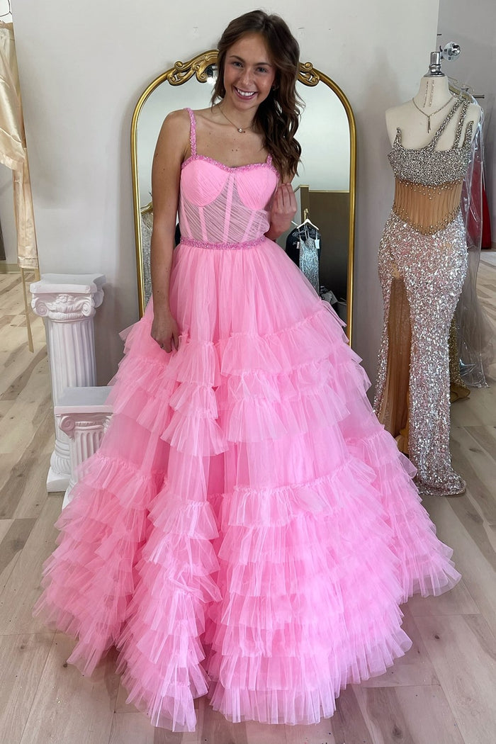 Tiered Ruffle Sweetheart Beaded Long Prom Dress in pink