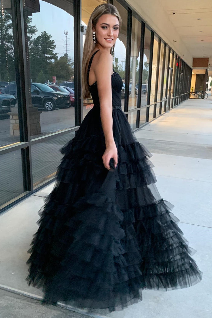 Tiered Ruffle Sweetheart Beaded Long Prom Dress in black
