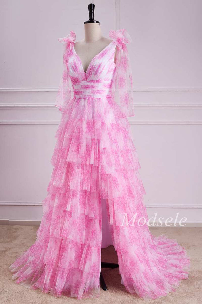 Tiered Ruffle V-Neck Bow Strap Tulle Long Gown in Pink Print