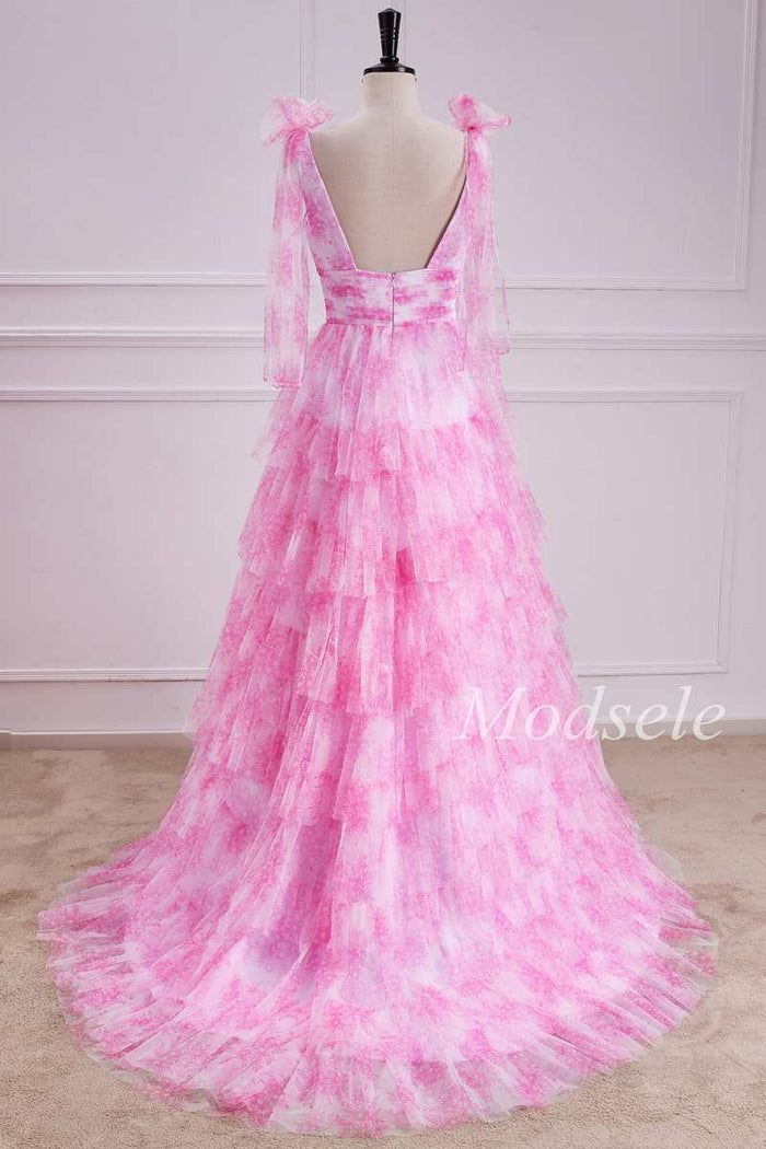 Tiered Ruffle V-Neck Bow Strap Tulle Long Gown in Pink Print