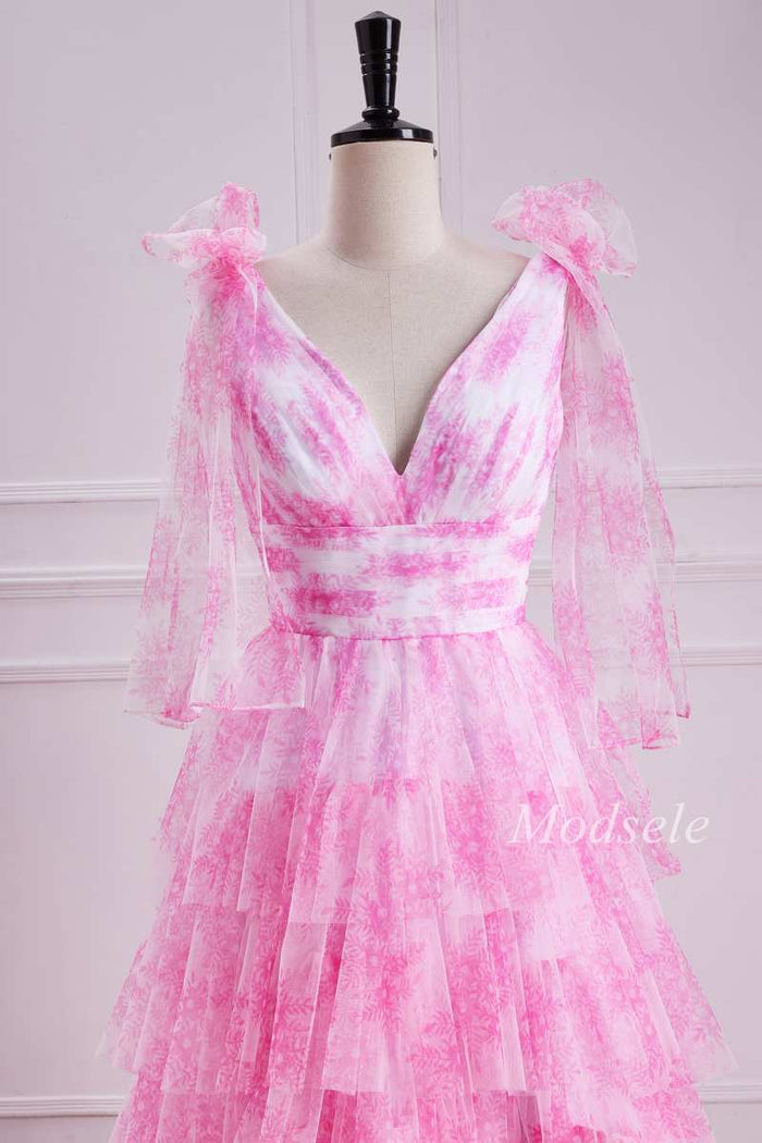 Tiered Ruffle V-Neck Bow Strap Tulle Long Gown in Pink Print
