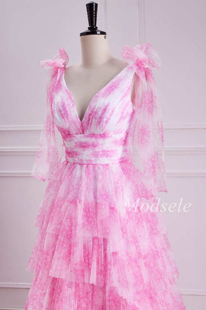 Tiered Ruffle V-Neck Bow Strap Tulle Long Gown in Pink Print