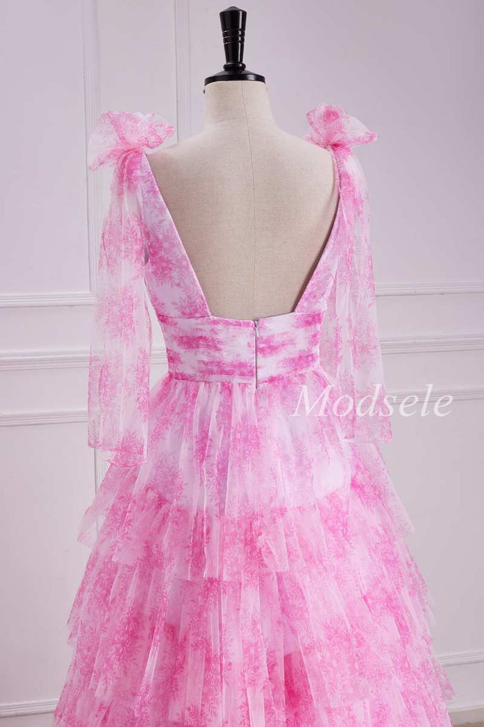 Tiered Ruffle V-Neck Bow Strap Tulle Long Gown in Pink Print