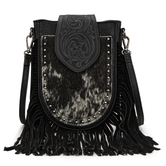 Trinity Ranch Genuine Hair-On Cowhide Tooled Fringe Crossbody Bag