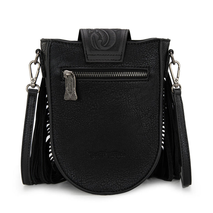 Trinity Ranch Genuine Hair-On Cowhide Tooled Fringe Crossbody Bag