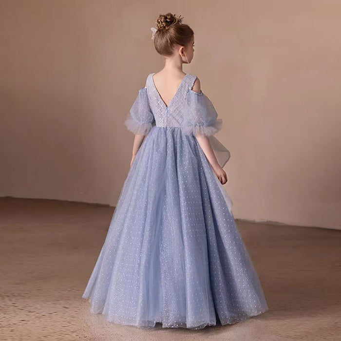 Tulle Blue Flower Girl Dress with Sparkling Silver Beads D306