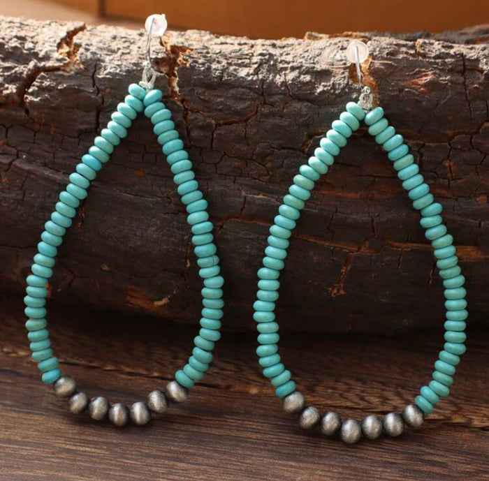 Turquoise and Pearl Teardrop Hoop Earrings