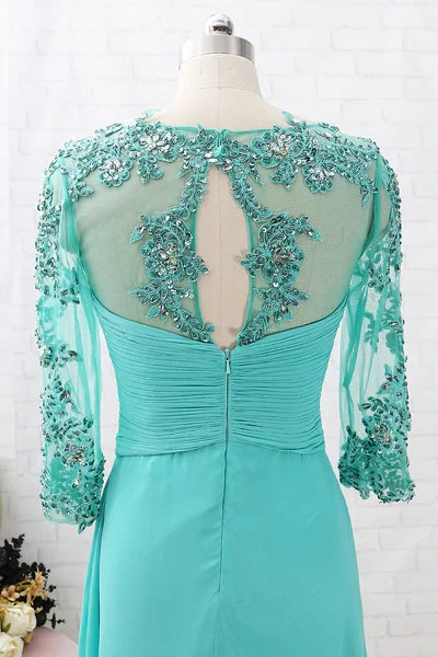 Turquoise Chiffon Lace Sleeve Cutout Back Mother of the Bride Dress